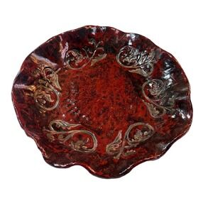 Vintage Art Pottery Bowl Red Brown Glaze Embossed Scroll Decorative Tuscan Boho